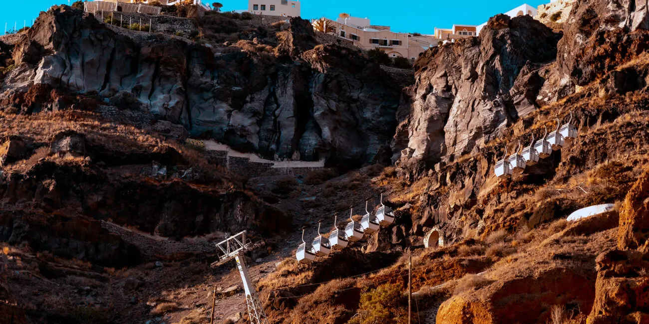 The old port of Fira, where cruise-ship tenders land below Santorini's capital