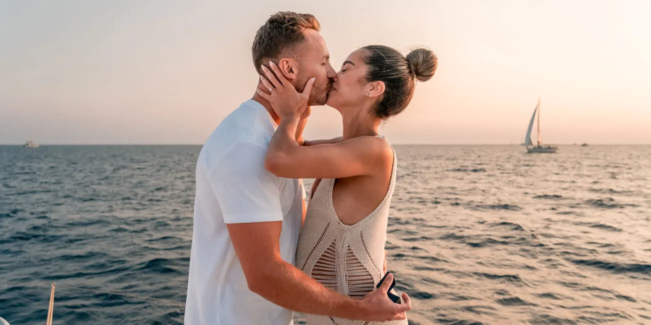 The sunset hour on board — golden light over the Aegean