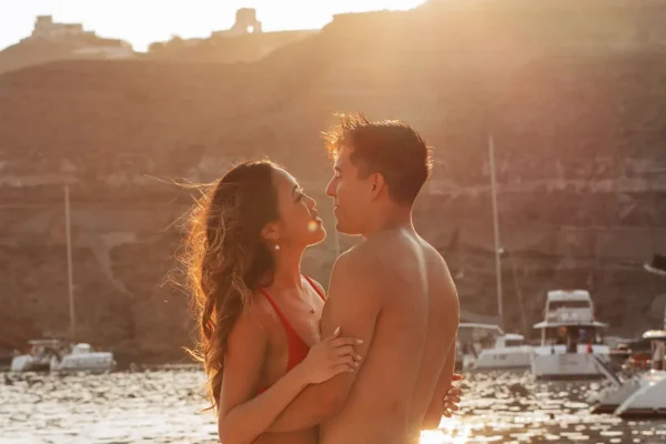 The sunset hour on board — golden light over the Aegean