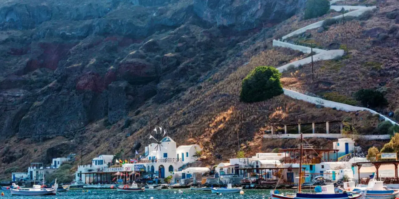 The little harbor of Thirassia island across the caldera from Santorini